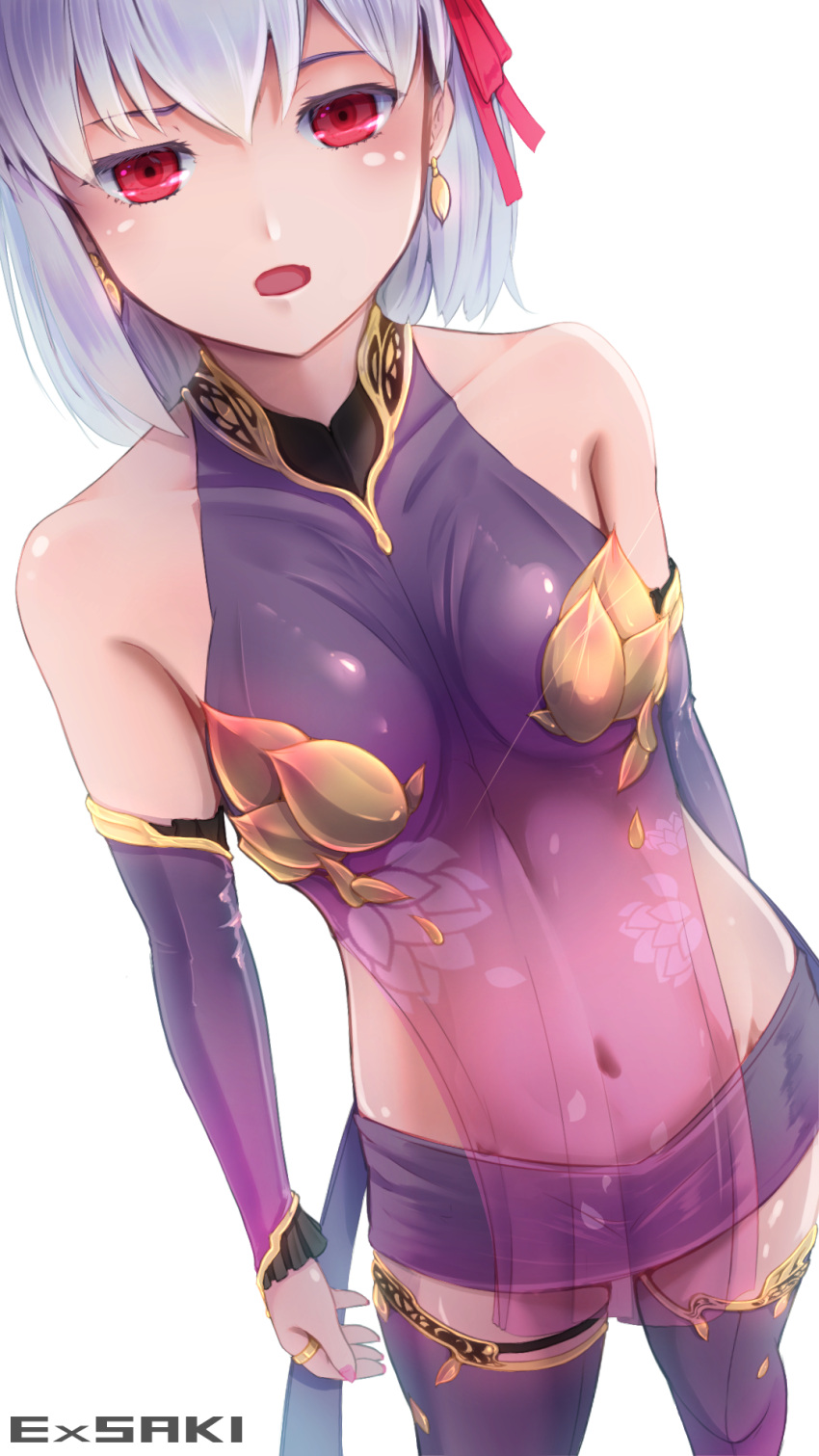 1girl armlet armor bangs bare_shoulders bikini_armor blush bracelet breasts collar covered_navel detached_sleeves dress earrings ex_saki fate/grand_order fate_(series) floral_print hair_ribbon highres jewelry kama_(fate) looking_at_viewer metal_collar miniskirt open_mouth pelvic_curtain purple_dress purple_legwear purple_skirt purple_sleeves red_eyes ribbon ring short_hair silver_hair skirt small_breasts thigh-highs thighlet thighs