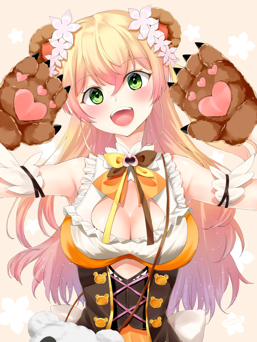 1girl :d absurdres animal_bag animal_ears arm_garter arms_up bare_shoulders bear_bag bear_ears bear_girl bear_paws bell blonde_hair blush bodice bow bowtie breasts cleavage_cutout clothing_cutout corset cutout_above_navel flower frilled_shirt frills gloves gradient_hair green_eyes hair_flower hair_ornament head_tilt highres hololive jingle_bell large_breasts long_hair looking_at_viewer momosuzu_nene multicolored_hair multicolored_neckwear neck_bell open_mouth orange_shirt paw_gloves paw_pose paws peach_ornament pink_hair shirt sleeveless sleeveless_shirt smile solo straight-on umitorin underbust upper_body upper_teeth virtual_youtuber