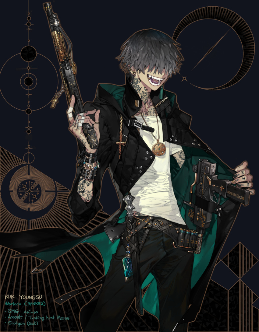 1boy amulet arm_tattoo bangs black_jacket black_pants earrings grey_hair gun hair_over_eyes hand_tattoo highres holding holding_gun holding_weapon holster imi_uzi jacket jewelry neck_tattoo open_mouth original pants pigeon666 sheath sheathed shirt short_hair shotgun spas-12 submachine_gun sword tattoo tongue_tattoo trench_coat weapon white_shirt