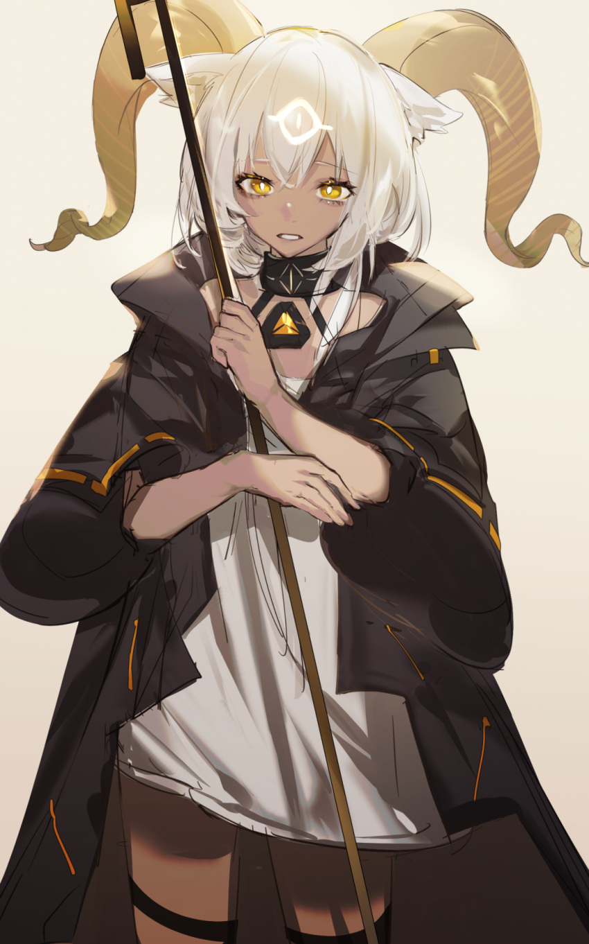 1girl animal_ears aonogura arknights beeswax_(arknights) black_coat closed_mouth coat commentary cowboy_shot dark_skin dark-skinned_female dress expressionless eyelashes flat_chest goat_ears goat_horns grey_background hair_between_eyes highres holding holding_staff horns infection_monitor_(arknights) looking_at_viewer off-shoulder_dress off_shoulder open_clothes open_coat short_dress short_hair_with_long_locks silver_hair simple_background solo staff thigh_strap third_eye white_dress yellow_eyes
