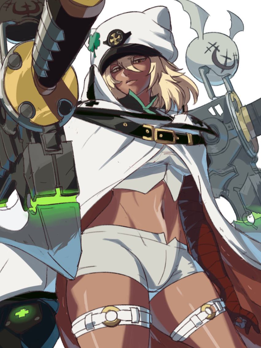 1girl bandages bangs belt cape dark_skin dark-skinned_female guilty_gear guilty_gear_strive hair_between_eyes highres huge_weapon long_hair looking_at_viewer looking_down midriff navel orange_eyes platinum_blonde_hair ramlethal_valentine short_shorts shorts simple_background solo sword thick_thighs thigh_strap thighs tina_fate weapon white_background white_cape