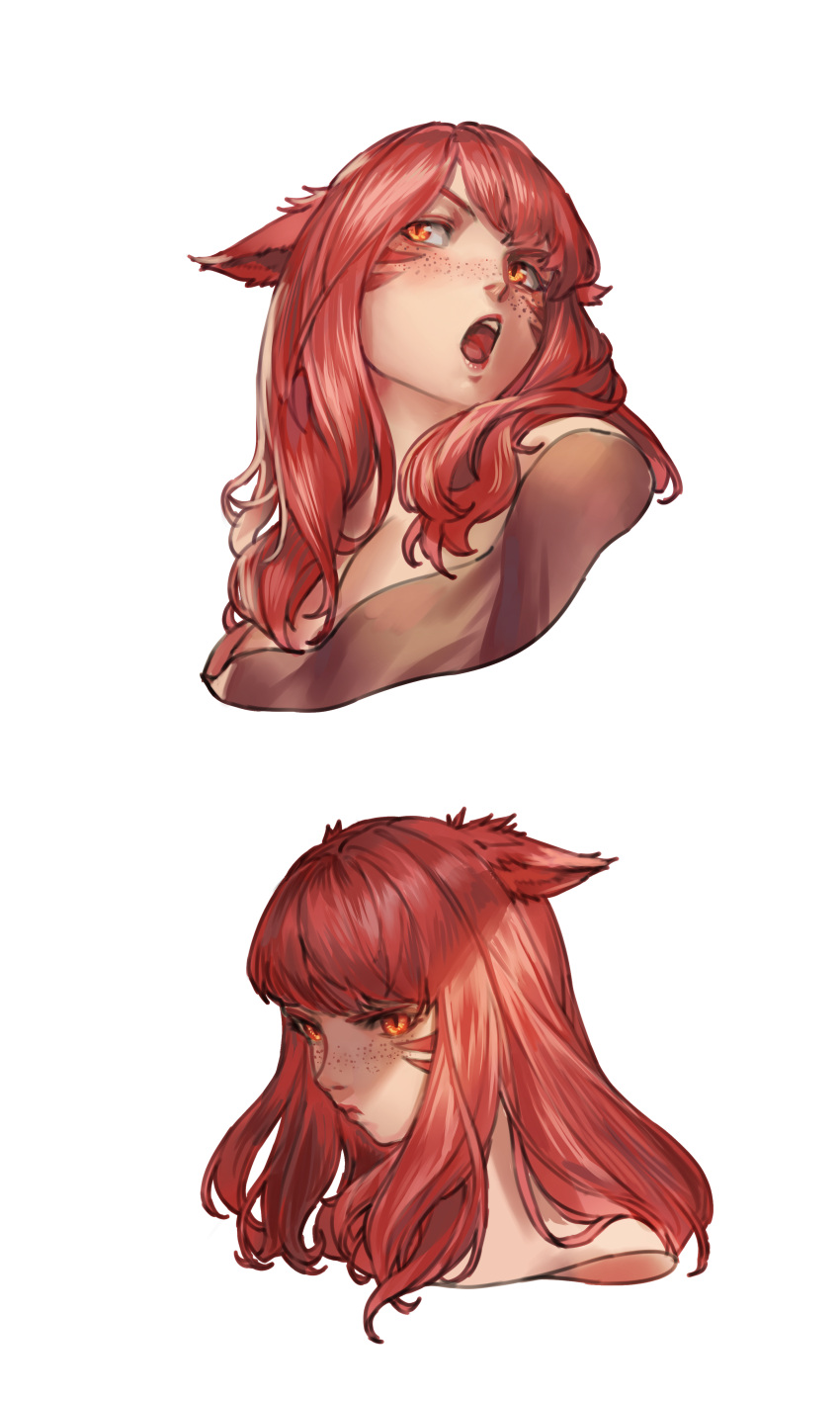 1girl absurdres animal_ears avatar_(ff14) bangs bare_shoulders blush breasts cat_ears commentary commission cropped_shoulders cropped_torso ears_down english_commentary facial_mark facing_to_the_side final_fantasy final_fantasy_xiv freckles highres lipstick long_hair looking_afar looking_away makeup miqo'te multiple_views off_shoulder open_mouth orange_eyes portrait pout red_eyes redhead round_teeth seneka_grafika shade sideways_glance simple_background slit_pupils teeth tongue whisker_markings white_background