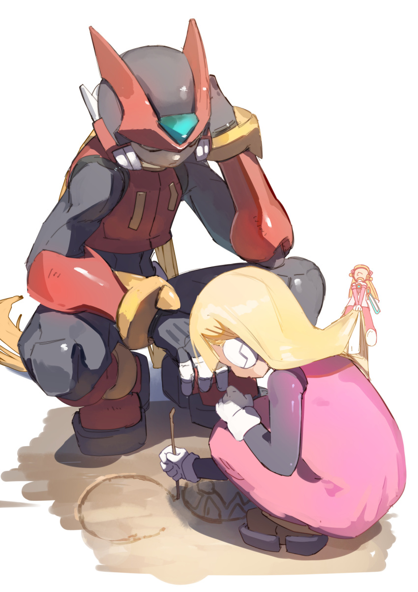 1boy 2girls alouette_(mega_man) armor blonde_hair cyber-elf_(mega_man) dress forehead_jewel full_body helmet highres long_hair mega_man_(series) mega_man_zero_(series) multiple_girls omochi_(mochi_skymega) pink_dress red_armor red_helmet robot_ears sand simple_background squatting white_background zero(z)_(mega_man) zero_(mega_man)
