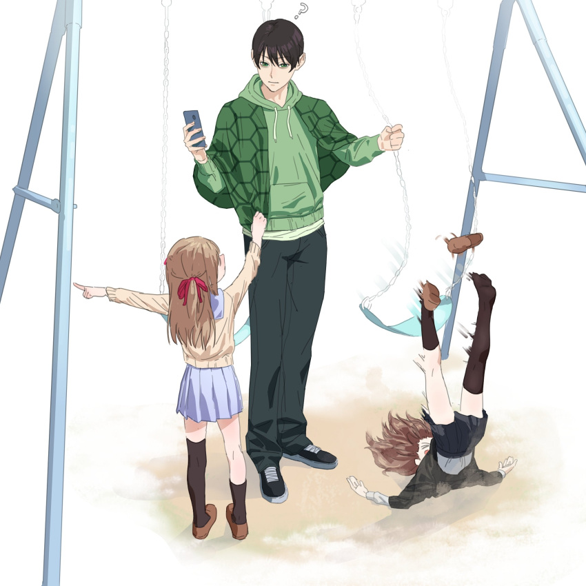 >_< 1boy 2girls absurdres back black_cardigan black_thighhighs blue_skirt brown_shoes cardigan cellphone evil_neuro-sama highres hood long_hair milanesa_001 multiple_girls neuro-sama phone pointing ribbon shoes simple_background skirt smartphone swing thigh-highs twintails vedal987 vedal_ai virtual_youtuber white_background yellow_cardigan