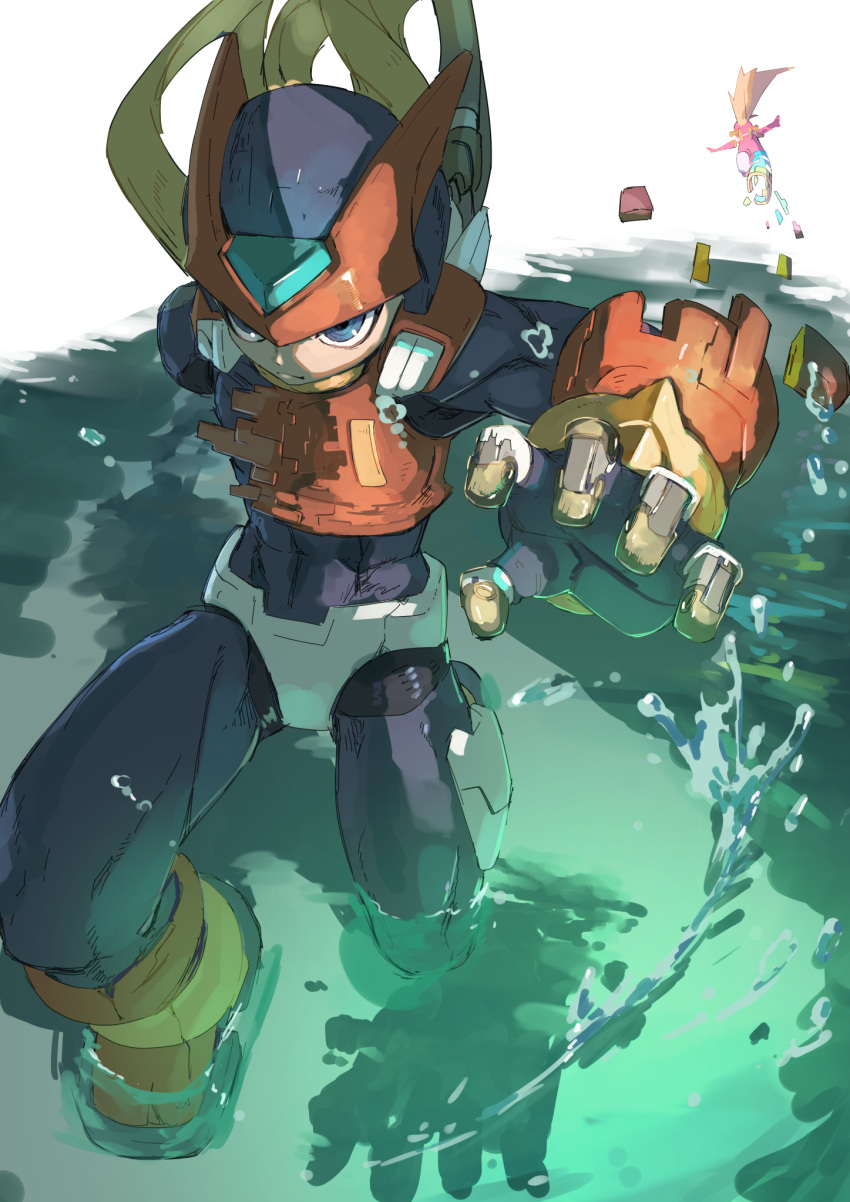 1boy 1girl armor black_eyes blonde_hair cyber-elf_(mega_man) forehead_jewel helmet highres long_hair mega_man_(series) mega_man_zero_(series) omochi_(mochi_skymega) partially_submerged red_armor red_helmet solo_focus standing zero(z)_(mega_man) zero_(mega_man)