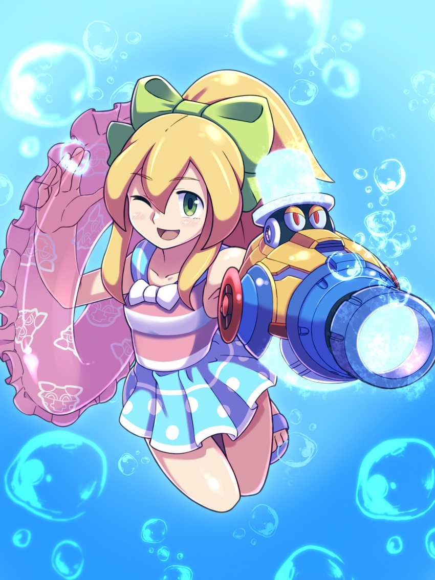 1girl :d ;d android aqua_man_(mega_man) arm_cannon blonde_hair blush bubble character_print commentary_request full_body green_eyes green_ribbon hair_ribbon highres holding holding_swim_ring ishigaki_(sora_roxas) looking_at_viewer mega_man_(classic) mega_man_(series) mega_man_x_(series) mega_man_x_dive met_(mega_man) official_alternate_costume one_eye_closed open_mouth ponytail ribbon roll_(mega_man) smile solo swim_ring swimsuit underwater weapon