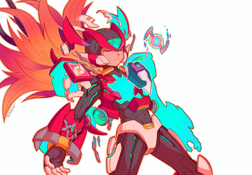 1boy armor biometal closed_eyes cowboy_shot forehead_jewel helmet highres male_focus mega_man_(series) mega_man_x_(series) mega_man_zero_(series) mega_man_zx model_z_(mega_man) red_armor red_hair red_helmet simple_background solo_focus tomycase white_background zero(z)_(mega_man) zero_(mega_man)