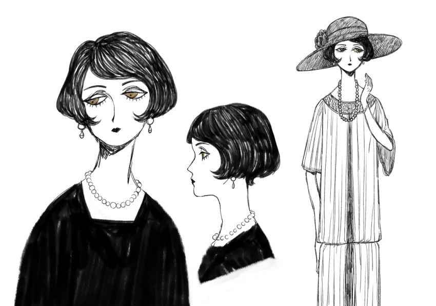 1920s_fashion 1girl brown_eyes cowboy_shot dress earrings eleanor_(ohmyeleanor) eyelashes flower from_side greyscale half-closed_eyes hand_up hat hat_flower jewelry jitome lipstick long_dress looking_ahead looking_to_the_side makeup monochrome multiple_views necklace original pearl_earrings pearl_necklace pixie_cut portrait serious short_hair short_sleeves side_part sidelocks sideways_glance simple_background sketch spot_color sun_hat upper_body very_short_hair white_background wide_sleeves