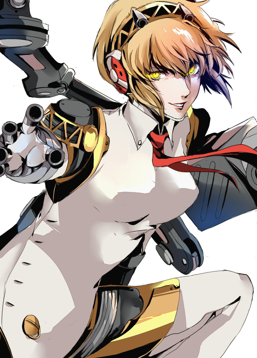 1girl aegis_(persona) android arm_up bangs blonde_hair breasts dark_persona english_commentary fighting_stance glowing glowing_eyes gun hair_between_eyes handgun highres huge_weapon joints lips looking_at_viewer necktie persona persona_3 persona_4:_the_ultimate_in_mayonaka_arena pertex_777 robot robot_joints shadow_(persona) shadow_aegis short_hair simple_background slender_waist solo weapon white_background yellow_eyes