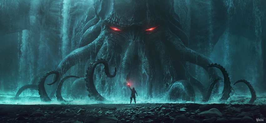 1boy andree_wallin arm_up artist_name cthulhu cthulhu_mythos from_behind giant glowing glowing_eyes highres holding hood hood_up hoodie monster outdoors pants red_eyes size_difference standing stone tentacles water