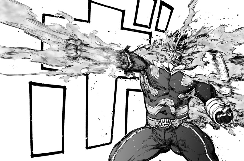 1boy beard bodysuit boku_no_hero_academia bulge covered_abs facial_hair feet_out_of_frame fire greyscale injury large_pectorals legs_apart male_focus mature_male monochrome muscular muscular_male scar scar_across_eye short_hair solo sound_effects spiky_hair thick_thighs thighs todoroki_enji torn_bodysuit torn_clothes u2suke
