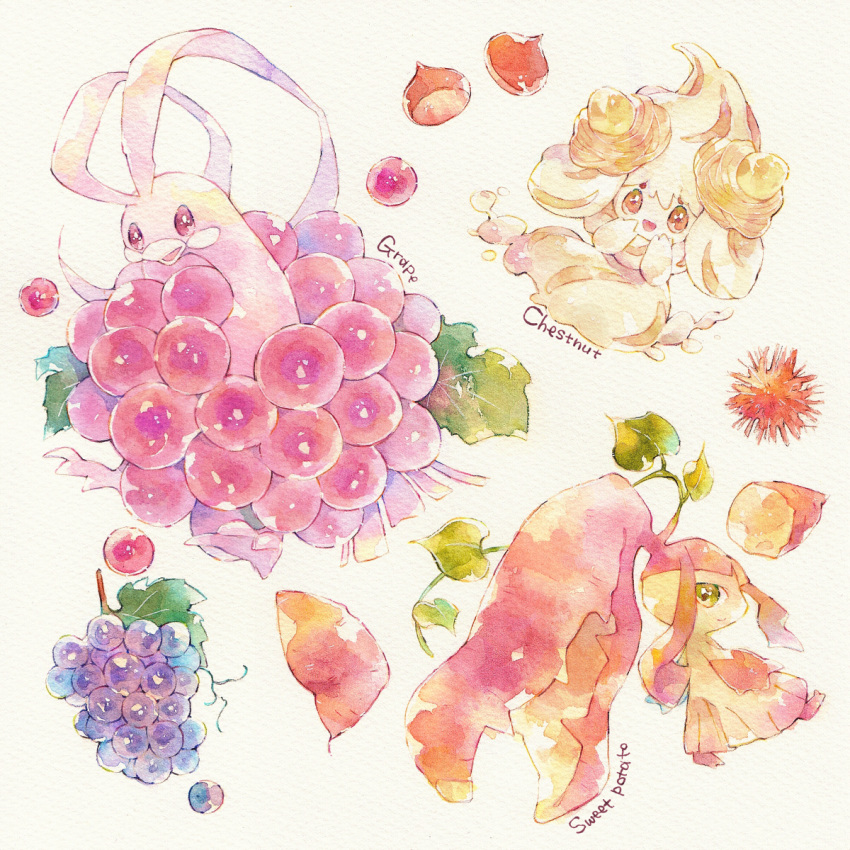 alcremie altaria alternate_element chestnut closed_mouth commentary_request food fruit gen_3_pokemon gen_8_pokemon grapes green_eyes hands_up highres leaf looking_at_viewer looking_back mawile open_mouth pokemon rrrpct simple_background smile sweet_potato traditional_media violet_eyes watercolor_(medium) white_background