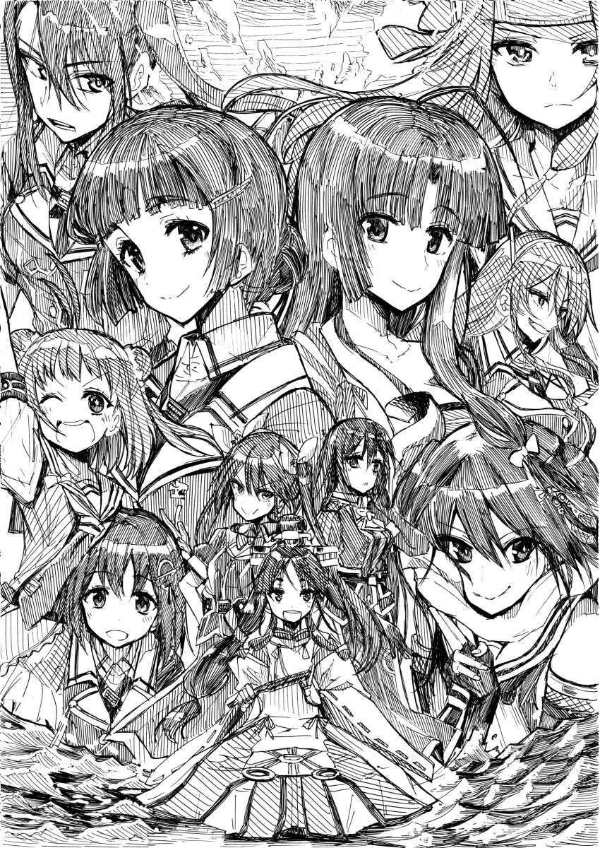 6+girls absurdres ahoge antenna_hair arm_up ashigara_(kancolle) bangs bow breasts chikuma_(kancolle) closed_mouth commentary_request creator_connection double_bun eyebrows_visible_through_hair facial_mark fang fingerless_gloves forehead_mark gloves greyscale haguro_(kancolle) hair_between_eyes hair_bow hair_bun hair_ornament hair_ribbon hairclip headband headgear highres japanese_clothes jintsuu_(kancolle) kantai_collection lineart long_hair low-tied_long_hair monochrome multiple_girls myoukou_(kancolle) nachi_(kancolle) naka_(kancolle) nisshin_(kancolle) one_eye_closed open_mouth pen_(medium) remodel_(kantai_collection) ribbon ribbon-trimmed_sleeves ribbon_trim sailor_collar scarf sendai_(kancolle) short_sleeves shouhou_(kancolle) smile tone_(kancolle) tsuji_kazuho twintails uniform water
