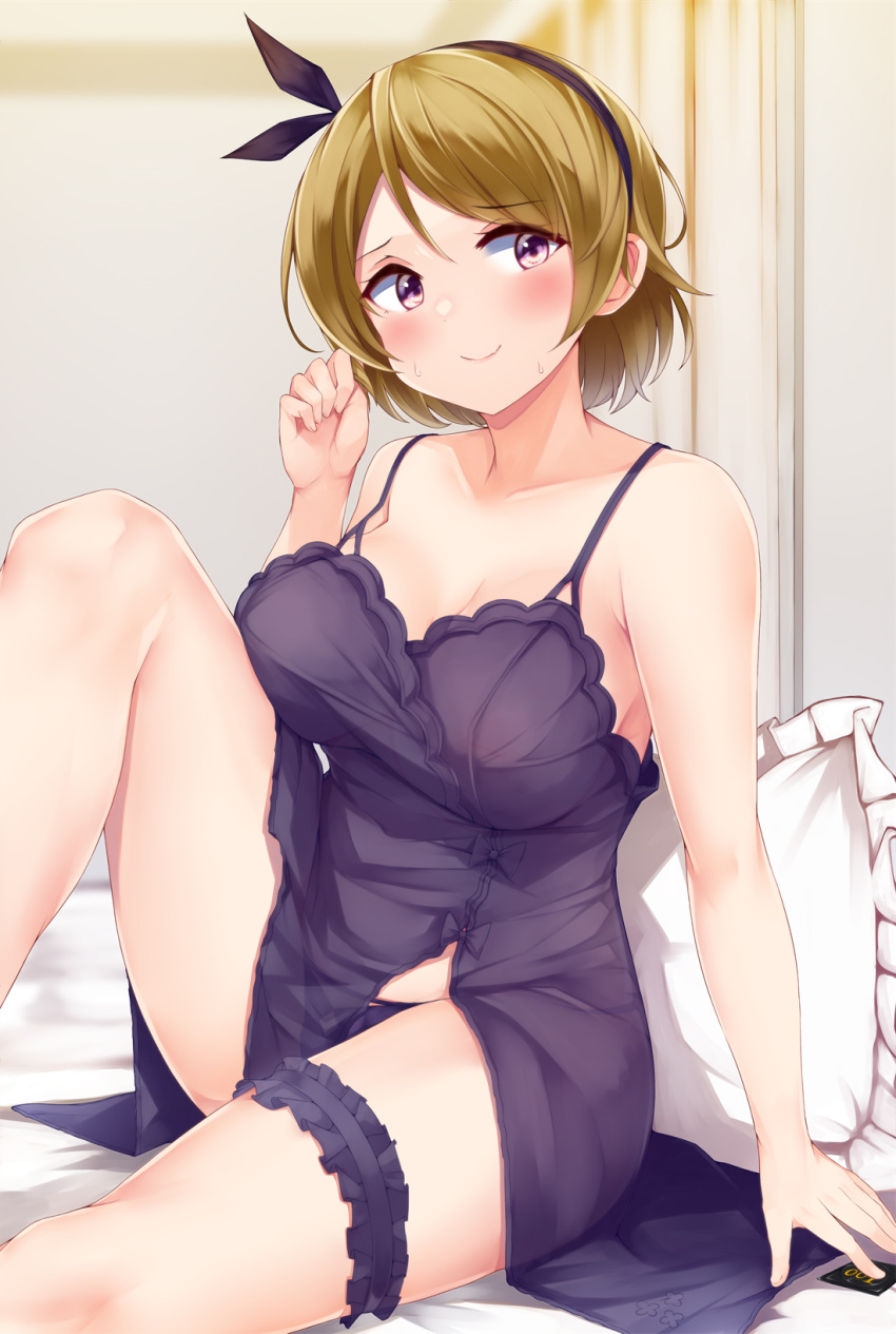 1girl bare_arms bare_shoulders blush brown_hair camisole collarbone commentary_request highres irohara knee_up koizumi_hanayo leg_garter love_live! love_live!_school_idol_project solo spaghetti_strap thighs violet_eyes