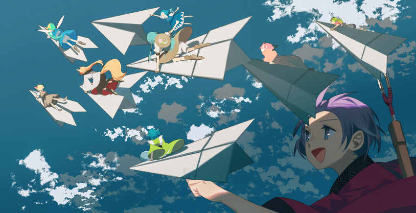 6+girls absurdres animal_ears black_headwear black_skirt black_vest blonde_hair blouse blue_bow blue_dress blue_eyes blue_hair blue_sky bow brown_footwear brown_hair cirno cloak clouds cloudy_sky cravat daiyousei day dress drill_hair fairy fairy_wings flying food frilled_kimono frills fruit green_hair green_kimono hair_bow hair_ribbon hat head_fins highres hinanawi_tenshi holding holding_paper horns ice ice_wings imaizumi_kagerou japanese_clothes kimono komano_aunn leaf long_hair long_skirt long_sleeves looking_at_another mary_janes mermaid monster_girl multiple_girls necktie needle_sword open_mouth ouka_musci outdoors paper paper_airplane peach pinafore_dress puffy_short_sleeves puffy_sleeves purple_hair red_cloak red_eyes red_kimono red_neckwear red_ribbon red_shirt redhead ribbon rumia sekibanki shirt shoes short_hair short_sleeves shorts side_ponytail single_horn sitting skirt sky sukuna_shinmyoumaru sword sword_behind_back tail thumbs_up touhou vest wakasagihime weapon weapon_on_back white_blouse white_dress wing_collar wings wolf_ears wolf_tail yellow_bow