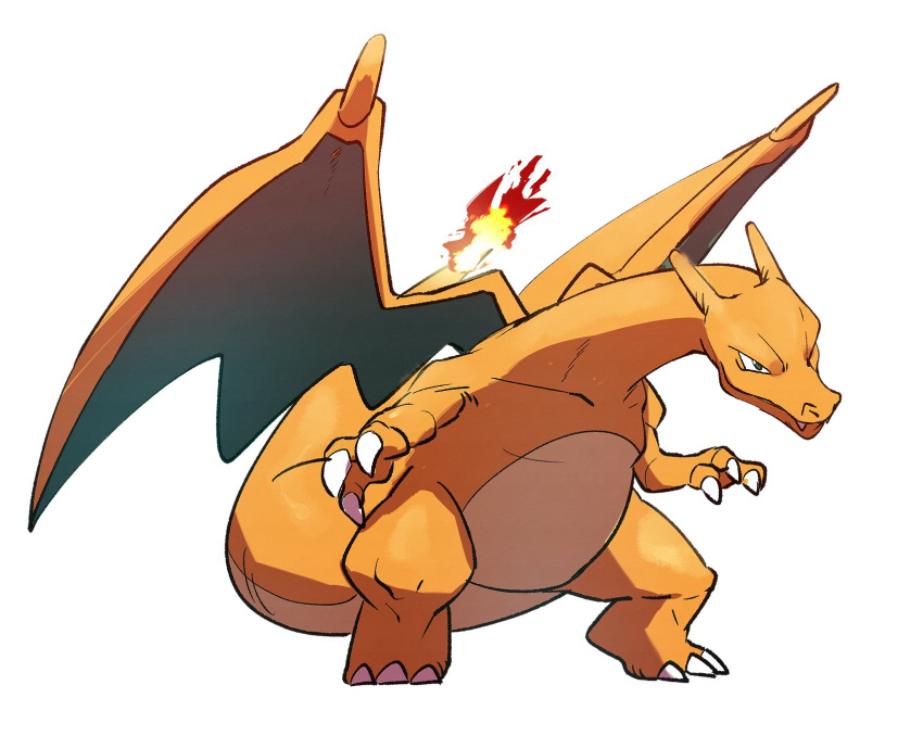 charizard claws closed_mouth commentary_request fangs fangs_out fire full_body gen_1_pokemon highres hunched_over morio_(poke_orio) no_humans pokemon pokemon_(creature) simple_background solo standing white_background