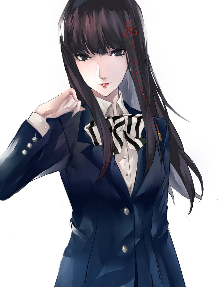 1girl arm_up bangs black_eyes black_hair blazer bow bowtie breasts buttons closed_mouth collared_shirt hair_ornament highres hime_cut jacket kosei_high_school_uniform long_hair looking_at_viewer multicolored_bow persona persona_5 pertex_777 pleated_skirt school_uniform shirt simple_background skirt solo tougou_hifumi white_background white_shirt