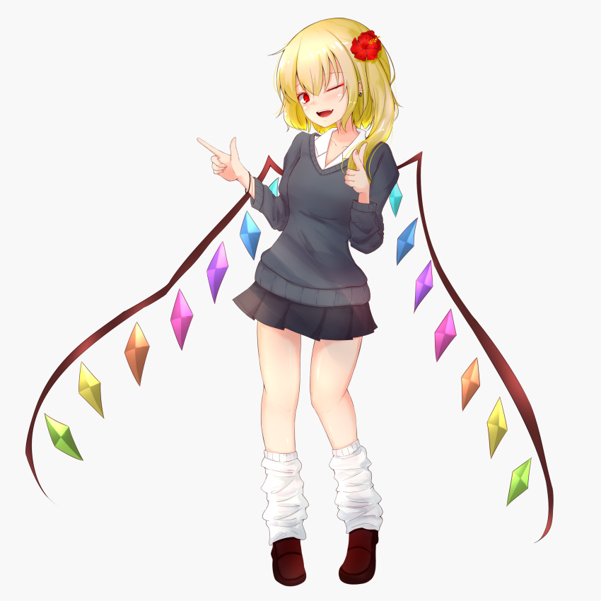1girl ;d absurdres alternate_costume bangs black_skirt blonde_hair bracelet breasts brown_footwear collarbone collared_shirt commentary_request crystal earrings eyebrows_visible_through_hair fingernails flandre_scarlet flower full_body grey_sweater hair_flower hair_ornament hibiscus highres index_finger_raised jewelry kneehighs long_sleeves looking_at_viewer mamo_murata miniskirt no_hat no_headwear one_eye_closed one_side_up open_mouth pleated_skirt pointing red_eyes red_flower shirt short_hair simple_background skirt small_breasts smile solo standing sweater touhou white_background white_legwear white_shirt wings