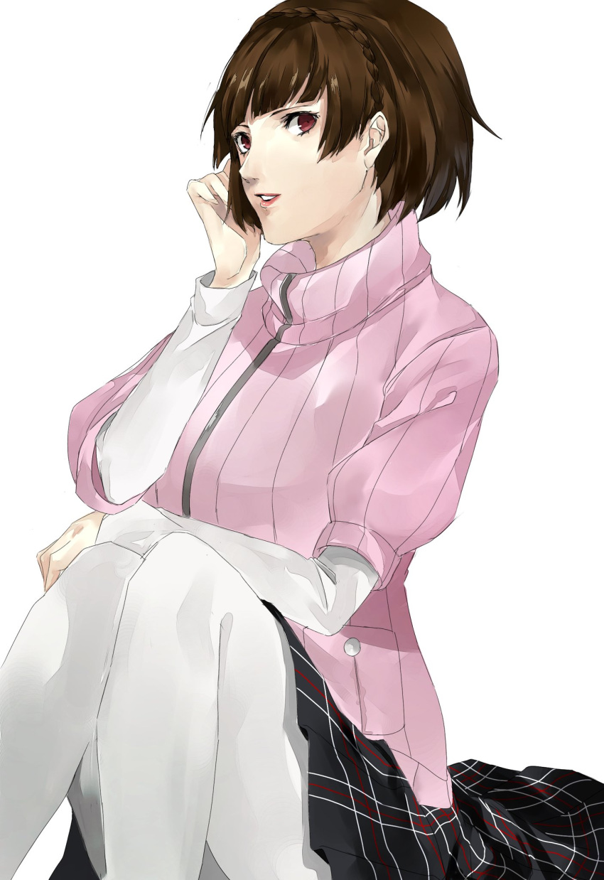 1girl arm_up braid breasts brown_hair cosplay costume_switch crown_braid hand_on_own_face highres lips long_sleeves looking_at_viewer medium_breasts niijima_makoto pantyhose parted_lips persona persona_5 pertex_777 pink_sweater plaid plaid_skirt red_eyes short_hair simple_background sitting skirt solo sweater white_background white_legwear zipper