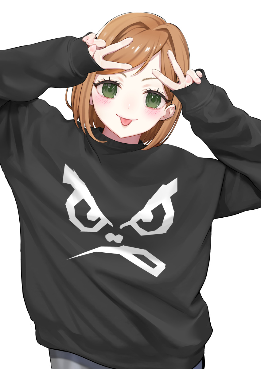 1girl absurdres arms_up bangs black_sweater blush closed_mouth commentary_request cowboy_shot double_v ebinomi green_eyes highres long_sleeves looking_at_viewer original print_sweater shiny shiny_hair short_hair simple_background sleeves_past_wrists smile solo sweater tongue tongue_out upper_body v white_background