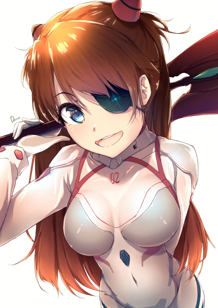 1girl artist_name bangs blue_eyes blush bodysuit breasts clothes_writing dermar evangelion:_3.0+1.0_thrice_upon_a_time eyepatch gloves highres holding holding_weapon interface_headset long_hair looking_at_viewer medium_breasts neon_genesis_evangelion open_mouth orange_hair pilot_suit plugsuit polearm rebuild_of_evangelion shikinami_asuka_langley simple_background skin_tight smile solo souryuu_asuka_langley spear spear_of_cassius two_side_up very_long_hair weapon white_background white_bodysuit white_gloves