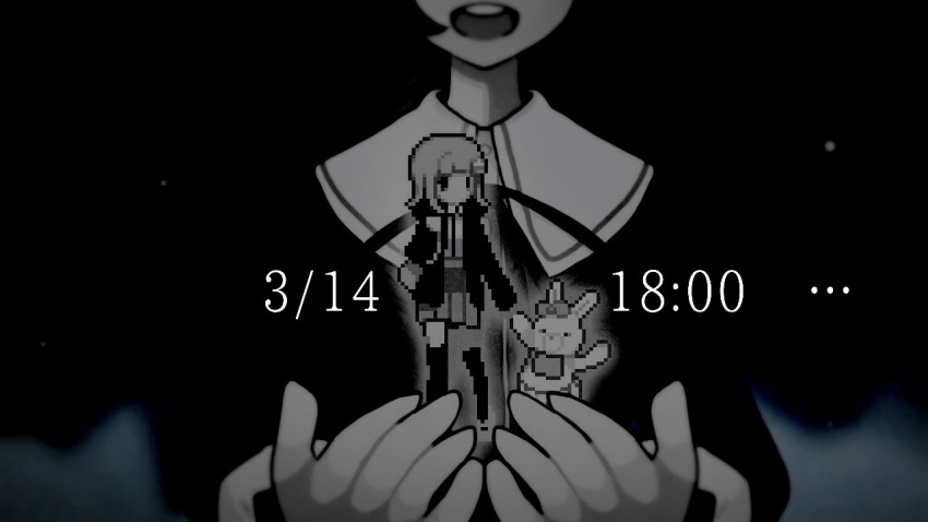 ... 1girl arisu_(oo_alice_oo) black_background clock dangan_ronpa:_trigger_happy_havoc dangan_ronpa_(series) dangan_ronpa_2:_goodbye_despair dated ear_bow flipped_hair fujisaki_chihiro hair_ornament hands_up head_out_of_frame jacket medium_hair nanami_chiaki open_clothes open_jacket open_mouth pink_eyes pixelated ribbon shirt skirt thigh-highs upper_body upper_teeth usami_(dangan_ronpa)