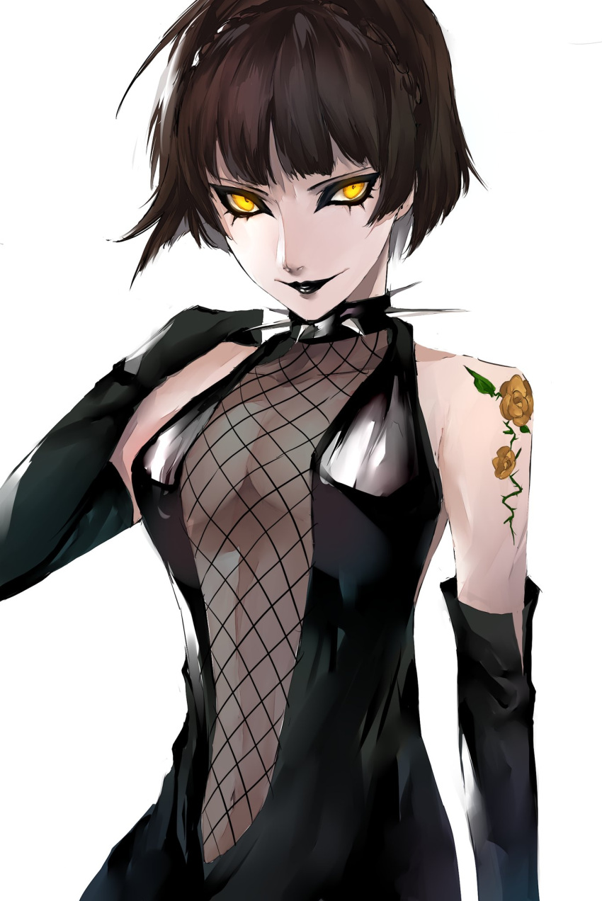 1girl arm_up bangs bare_shoulders black_choker black_headwear black_lips braid breasts brown_hair card choker collar collarbone cosplay costume_switch crown_braid detached_sleeves eyeshadow flower grin highres lips long_sleeves looking_at_viewer makeup medium_breasts navel niijima_makoto persona persona_5 pertex_777 see-through shadow_(persona) short_hair simple_background smile solo spiked_collar spikes tattoo white_background yellow_eyes yellow_flower