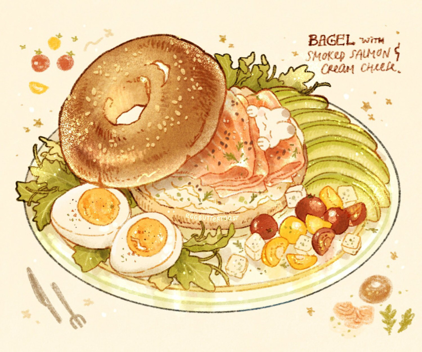 bagel cheese cream egg fish food food_focus fork fruit garnish hardboiled_egg highres knife lettuce meat nao_(bestrollever) no_humans original plate rabbit salmon simple_background still_life tomato utensil vegetable white_background