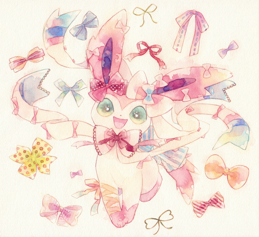 :d bow frills gen_6_pokemon green_eyes head_tilt looking_at_viewer no_humans open_mouth orange_bow paws pokemon pokemon_(creature) ribbon rrrpct smile solo sylveon toes tongue traditional_media watercolor_(medium)
