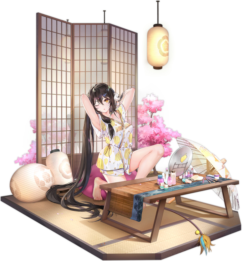 1girl arms_up azur_lane black_hair cherry_blossoms criin hair_between_eyes highres horns kneeling lantern long_hair looking_at_viewer mikasa_(azur_lane) mikasa_(leisure_rest_cherish)_(azur_lane) official_alternate_costume official_art one_eye_closed parted_lips transparent_background umbrella very_long_hair yellow_eyes