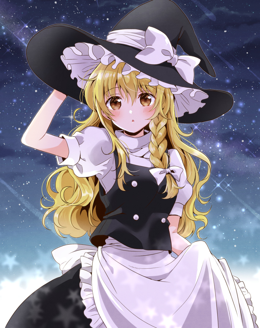 1girl apron apron_hold black_headwear black_skirt black_vest blonde_hair blush bow braid commentary_request hair_bow hand_up hat hat_bow highres kirisame_marisa long_hair looking_at_viewer night okawa_friend open_mouth outdoors puffy_short_sleeves puffy_sleeves shirt shooting_star short_sleeves single_braid skirt solo sparkle star_(symbol) starry_background touhou turtleneck vest white_bow white_shirt witch_hat yellow_eyes