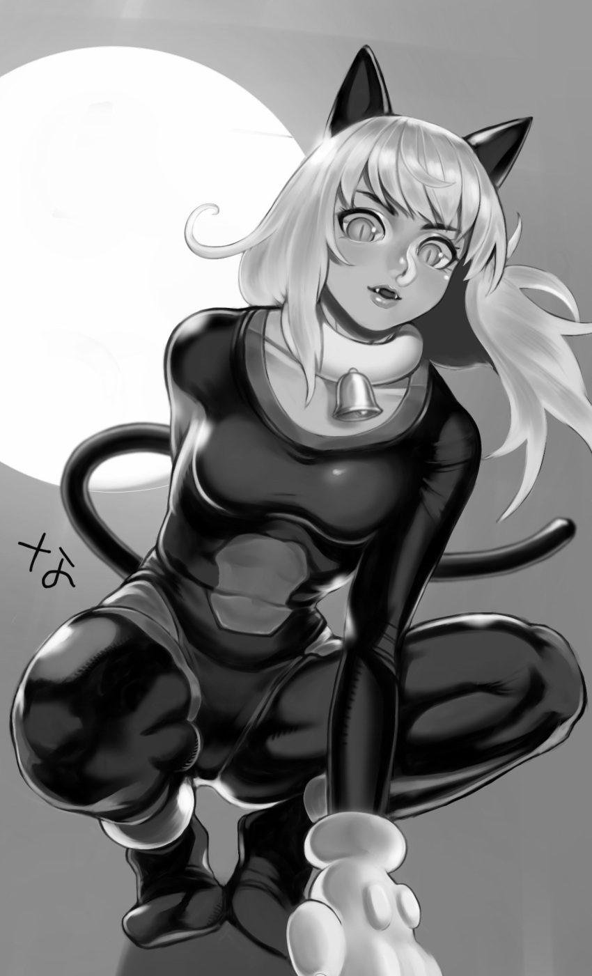 1girl animal_ears arm_behind_back bangs bell cat_ears clip_studio_paint_(medium) fangs floating_hair highres jing_king_of_bandits kirsch_(jing_king_of_bandits) lips long_hair looking_down monochrome nanja neck_bell open_mouth paws skin_tight skinsuit slit_pupils solo squatting tail thighs
