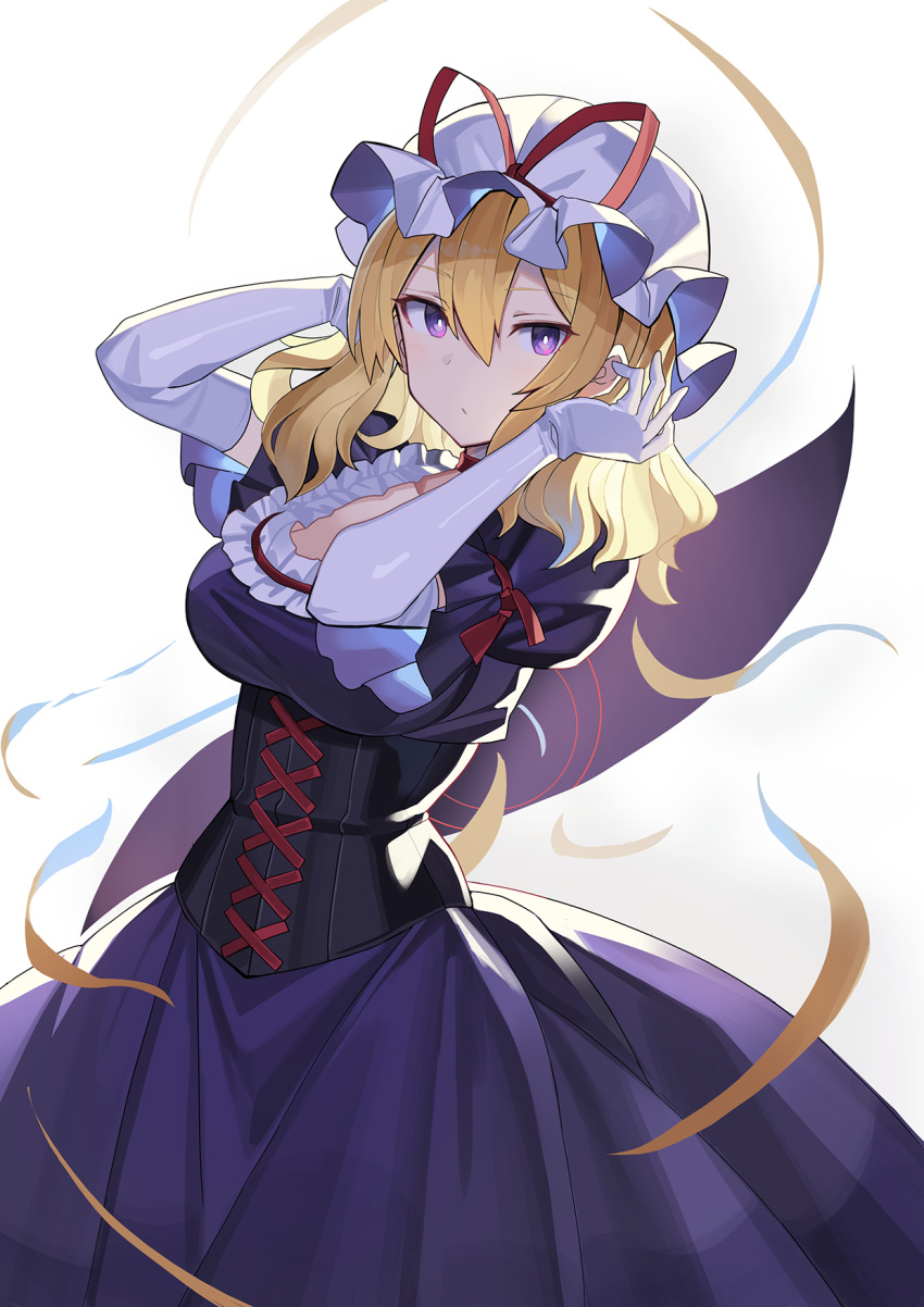1girl alternate_hair_length alternate_hairstyle arm_garter arms_up bangs blonde_hair breasts bright_pupils choker closed_mouth commentary_request corset cowboy_shot cross-laced_clothes dress elbow_gloves eyebrows_visible_through_hair frilled_dress frilled_hat frills gap_(touhou) gloves hair_between_eyes hat hat_ribbon highres large_breasts light_blush looking_at_viewer medium_hair mob_cap puffy_short_sleeves puffy_sleeves purple_dress red_choker red_ribbon ribbon rin_falcon scoop_neck severed_hair short_sleeves sidelocks simple_background sleeve_ribbon solo touhou violet_eyes white_background white_gloves white_headwear white_pupils yakumo_yukari