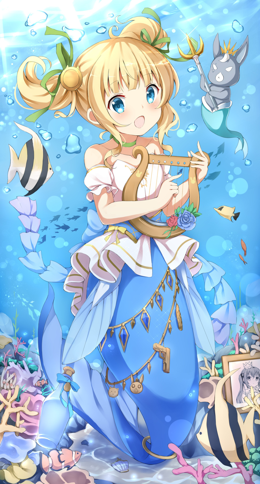 1girl :d absurdres air_bubble animal bangs bare_shoulders blonde_hair blue_eyes bottle bubble choker collarbone commentary_request coral crown day detached_sleeves eyebrows_visible_through_hair fish gochuumon_wa_usagi_desu_ka? green_choker green_ribbon hair_ribbon harp highres instrument kirima_sharo looking_at_viewer mermaid mini_crown monster_girl monsterification ocean_bottom open_mouth outdoors polearm puffy_short_sleeves puffy_sleeves rabbit ribbon scar scar_across_eye seashell shell short_sleeves sidelocks smile stick_jitb strapless tedeza_rize trident twintails underwater water weapon white_sleeves wild_geese