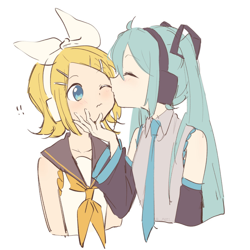 !! 2girls aqua_eyes aqua_hair aqua_neckwear bangs bare_shoulders black_collar black_sleeves blonde_hair blue_eyes bow cheek_kiss closed_eyes collar cropped_torso detached_sleeves grey_shirt hair_bow hair_ornament hairclip hand_on_another's_chin hand_up hatsune_miku headphones highres kagamine_rin kiss light_blush long_hair looking_at_another m0ti multiple_girls neckerchief necktie one_eye_closed sailor_collar school_uniform shirt sketch sleeveless sleeveless_shirt smile swept_bangs twintails upper_body very_long_hair vocaloid white_background white_bow white_shirt yellow_neckwear yuri