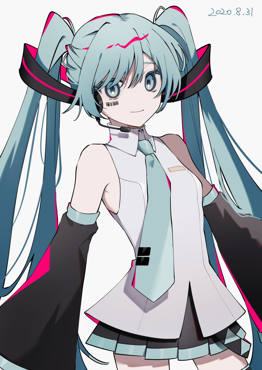 1girl absurdres aqua_eyes aqua_hair aqua_neckwear barcode_tattoo closed_mouth cowboy_shot dated detached_sleeves facial_tattoo hatsune_miku headset highres long_hair looking_at_viewer naomato necktie pleated_skirt simple_background skirt solo tattoo twintails very_long_hair vest vocaloid white_background