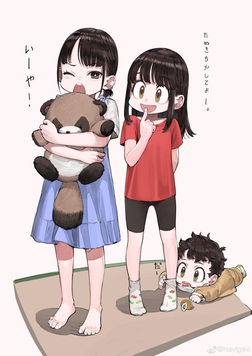 3girls :d ;o absurdres ankle_socks arm_behind_back baby bangs barefoot big_sister_(seojh1029) black_hair black_shorts blue_dress brown_eyes dress finger_to_mouth highres holding holding_stuffed_toy jun_(seojh1029) little_sister_(seojh1029) long_hair long_skirt lying multiple_girls on_stomach one_eye_closed open_mouth original pacifier pants parted_bangs red_shirt shirt short_sleeves shorts skirt sleeveless sleeveless_dress smile sock_pull socks standing stuffed_raccoon stuffed_toy t-shirt tatami teeth upper_teeth weibo_logo weibo_username white_background white_shirt white_socks yellow_pants yellow_shirt