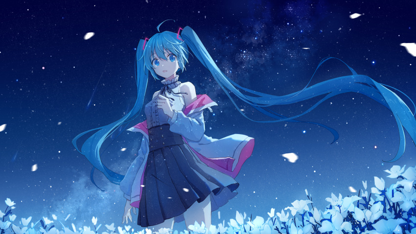 1girl ahoge bangs blue_eyes blue_hair blue_skirt collar commentary_request crying crying_with_eyes_open eyebrows_visible_through_hair field flower flower_field frilled_collar frills hatsune_miku high-waist_skirt jacket long_hair long_sleeves mimengfeixue night night_sky off_shoulder open_clothes open_jacket petals pleated_skirt print_jacket print_shirt print_skirt shirt skirt sky sleeveless sleeveless_shirt solo standing star_(sky) starry_sky starry_sky_print tears twintails two-sided_fabric two-sided_jacket very_long_hair vocaloid white_collar white_flower white_jacket white_shirt