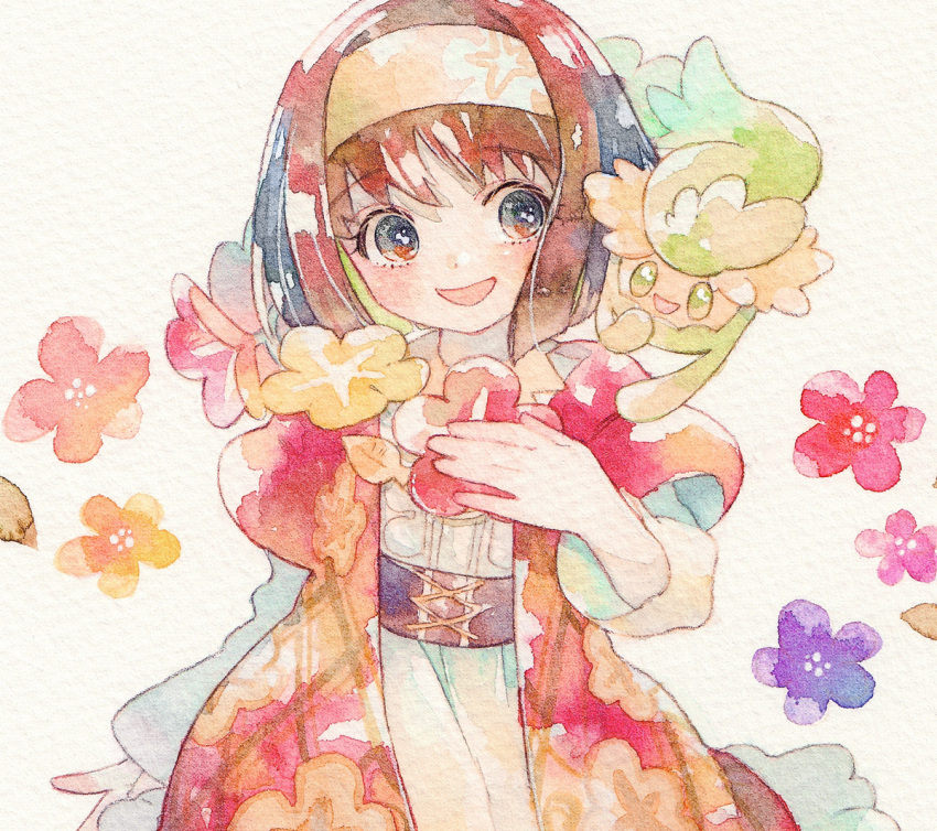 1girl :d bangs blush brown_hair comfey commentary_request dress erika_(pokemon) eyebrows_visible_through_hair eyelashes floral_print flower gen_7_pokemon grey_eyes hairband hand_up looking_at_another open_clothes open_mouth pokemon pokemon_(creature) pokemon_(game) pokemon_masters_ex rrrpct sash smile traditional_media watercolor_(medium) yellow_hairband