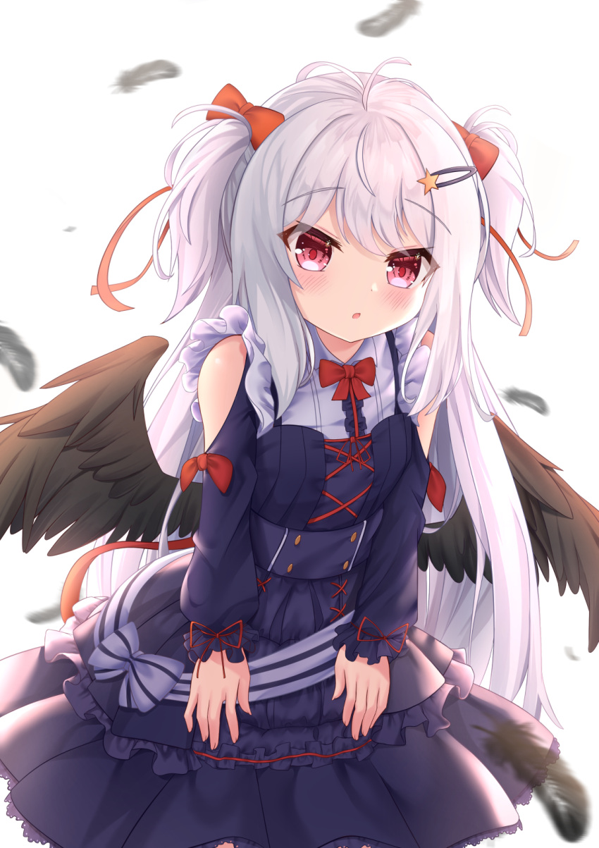 1girl :o antenna_hair bangs bare_shoulders black_wings blush bow bowtie collared_shirt commentary_request dress dress_bow eyebrows_visible_through_hair feathered_wings feathers hair_bow hair_ornament hair_ribbon hairclip highres hiyada_yuu leaning_forward long_hair long_sleeves looking_at_viewer original pleated_dress purple_dress red_bow red_eyes red_neckwear red_ribbon ribbon shirt solo standing star_(symbol) star_hair_ornament two_side_up very_long_hair white_hair white_shirt wings