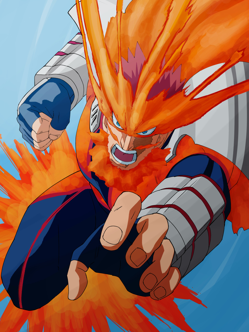 1boy absurdres armor beard ben_(ahan_uhun_345) blue_bodysuit blue_eyes bodysuit boku_no_hero_academia facial_hair fighting_stance fire highres incoming_attack large_pectorals looking_at_viewer male_focus mature_male muscular muscular_male pauldrons redhead scar scar_across_eye short_hair shoulder_armor sideburns solo spiky_hair stubble thick_thighs thighs todoroki_enji wind