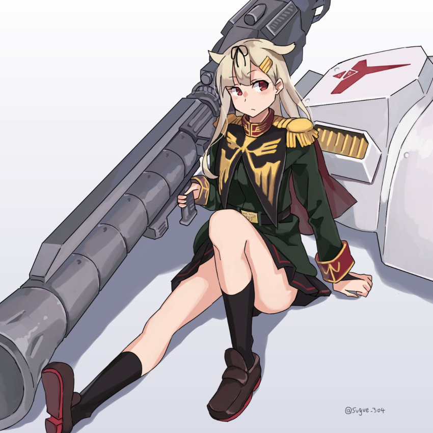 1girl alternate_costume anavel_gato anavel_gato_(cosplay) bazooka_(gundam) black_legwear black_ribbon blonde_hair blush brown_footwear cosplay epaulettes eyebrows_visible_through_hair gundam gundam_0083 gundam_gp-02_physalis hair_flaps hair_ornament hair_ribbon hairclip highres kantai_collection kneehighs loafers long_hair long_sleeves messy_hair military military_uniform parody red_eyes remodel_(kantai_collection) ribbon shield shoes solo sugue_tettou twitter_username uniform yuudachi_(kancolle) zeon