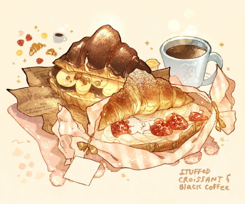 bana banana banana_slice coffee coffee_cup cream croissant cup disposable_cup drink english_text food food_focus fruit highres nao_(bestrollever) napkin no_humans original pastry ribbon simple_background steam strawberry strawberry_slice white_background