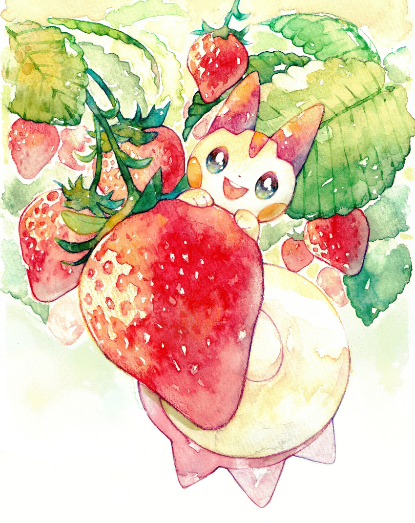 :d alternate_color fang food fruit gen_4_pokemon grey_eyes highres looking_at_viewer no_humans open_mouth pachirisu pokemon pokemon_(creature) rrrpct shiny_pokemon smile solo strawberry symbol_commentary traditional_media watercolor_(medium)