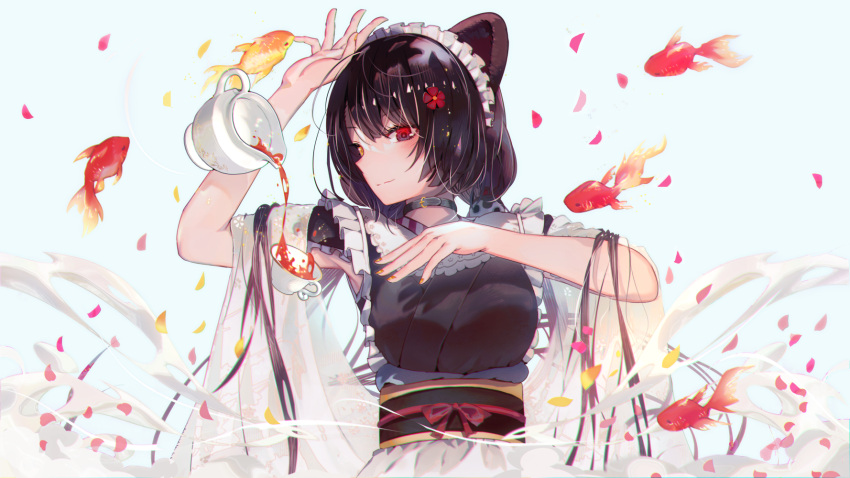 1girl animal_ears bangs belt brown_hair brown_kimono choker cup dog_ears fish flower goldfish hair_flower hair_ornament heterochromia highres hololive inaeda_kei inui_toko japanese_clothes kimono looking_to_the_side low_twintails maid maid_headdress obi petals red_eyes red_flower sash smile solo teacup teapot twintails upper_teeth yellow_eyes