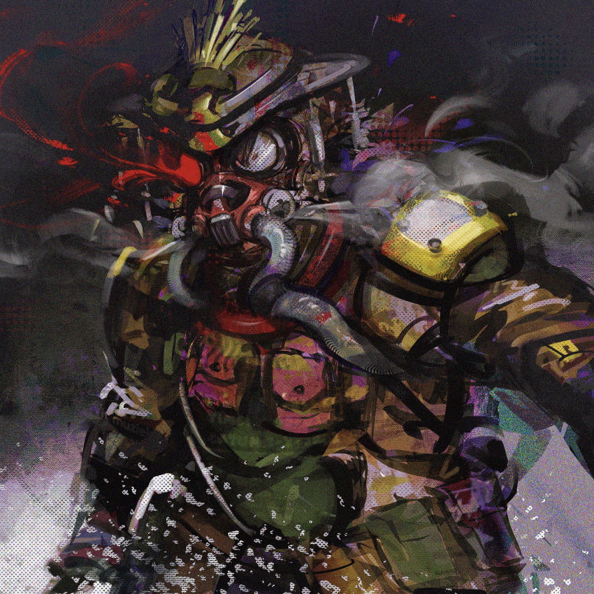 1other ambiguous_gender apex_legends bloodhound_(apex_legends) brown_jacket cable chromatic_aberration glowing glowing_eye goggles helmet highres hironakata jacket looking_at_viewer mask mouth_mask pouch smoke solo upper_body