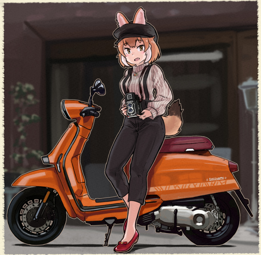 1girl alternate_costume animal_ears black_headwear black_pants bow cabbie_hat camera capri_pants casual commentary_request dhole_(kemono_friends) dog_ears dog_girl dog_tail ears_through_headwear footwear_bow ground_vehicle hat high_heels highres jewelry kemono_friends kemono_friends_3 light_brown_hair long_sleeves motor_vehicle multicolored_hair necklace official_alternate_costume pants red_bow red_footwear scooter shirt short_hair solo striped striped_shirt suspenders tail toriny turtleneck two-tone_hair vespa white_hair