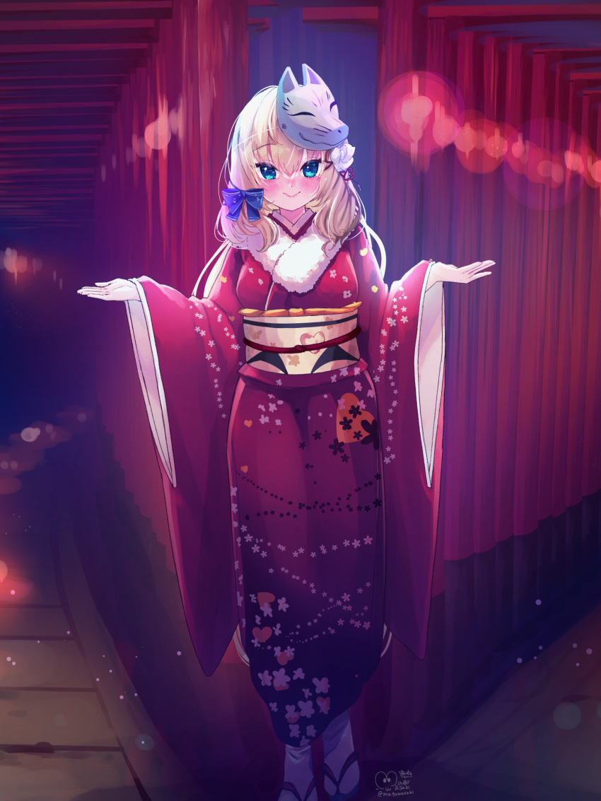 1girl :&gt; akai_haato blonde_hair blue_bow blue_eyes blush bow breasts fox_mask fur_trim furisode hair_bow highres hololive japanese_clothes kimono looking_at_viewer magowasabi mask mask_on_head medium_breasts obi open_hands red_kimono sandals sash smile solo torii virtual_youtuber wide_sleeves