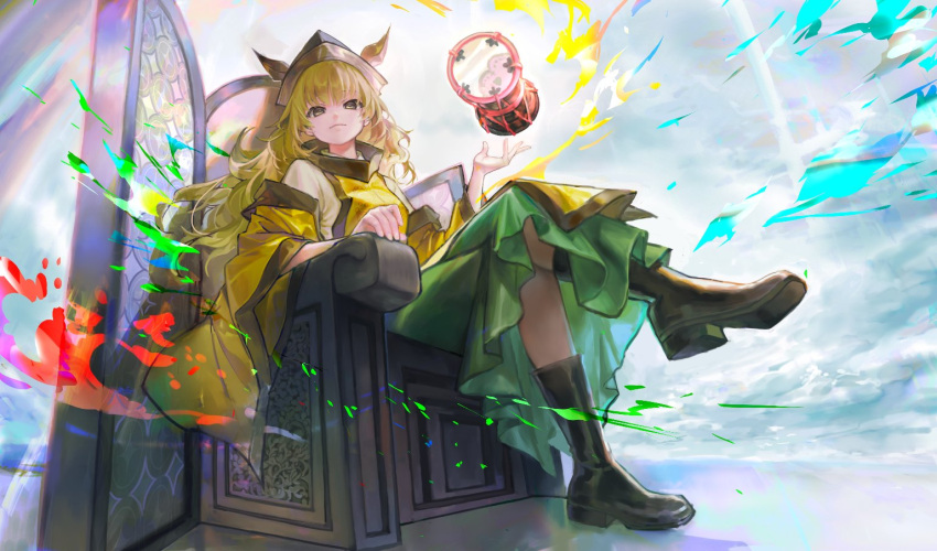 1girl bangs black_headwear blonde_hair boots chair closed_mouth clouds cloudy_sky crossed_legs day door drum floating floating_object from_below full_body green_skirt instrument kin_(fish6203) long_hair long_sleeves looking_down matara_okina outdoors sitting skirt sky smile solo tabard touhou very_long_hair wide_sleeves yellow_eyes