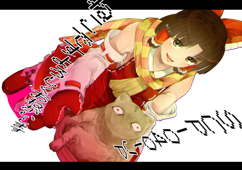 1girl ascot bangs benikurage_(cookie) bloodshot_eyes bow brown_eyes brown_hair cat commentary_request cookie_(touhou) detached_sleeves dutch_angle eyebrows_visible_through_hair frilled_bow frilled_hair_tubes frills full_body gloves hair_bow hair_tubes hakurei_reimu holding holding_pot letterboxed looking_at_viewer mittens nabe no_mouth open_mouth orange_scarf parted_bangs pot red_bow red_footwear red_gloves red_shirt red_skirt respawn_dead ribbon-trimmed_sleeves ribbon_trim sarashi scarf scp-040-jp scp_foundation shirt shoes short_hair simple_background skirt sleeveless sleeveless_shirt standing striped striped_scarf touhou translation_request white_background white_sleeves yellow_neckwear yellow_scarf